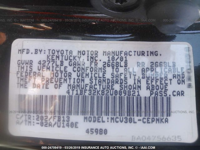 4T1BF32K82U009821 - 2002 TOYOTA CAMRY LE/XLE/SE BLACK photo 9