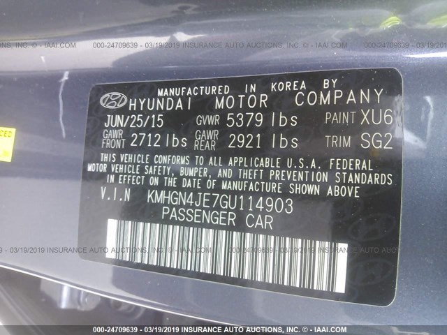 KMHGN4JE7GU114903 - 2016 HYUNDAI GENESIS 3.8L GRAY photo 9