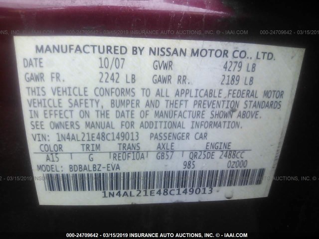 1N4AL21E48C149013 - 2008 NISSAN ALTIMA 2.5/2.5S RED photo 9