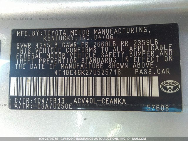 4T1BE46K27U525716 - 2007 TOYOTA CAMRY NEW GENERAT CE/LE/XLE/SE SILVER photo 9