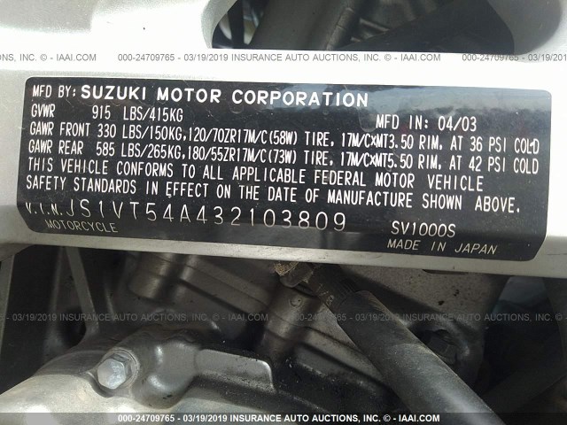 JS1VT54A432103809 - 2003 SUZUKI SV1000 SK3 SILVER photo 10