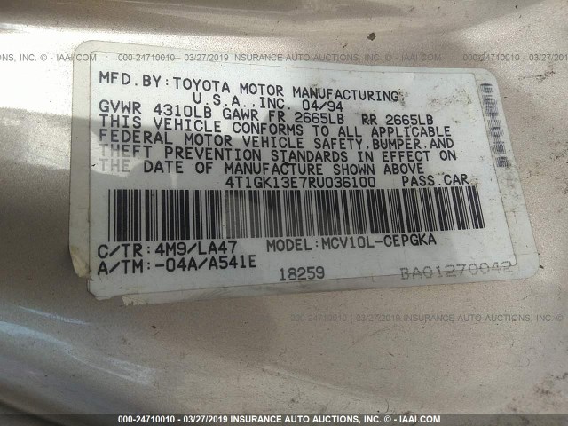 4T1GK13E7RU036100 - 1994 TOYOTA CAMRY XLE SILVER photo 9