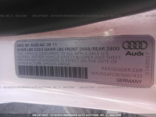 WAUSGAFC9CN007433 - 2012 AUDI A7 PRESTIGE WHITE photo 9