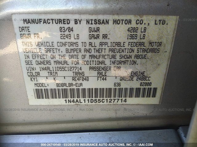 1N4AL11D55C127714 - 2005 NISSAN ALTIMA S/SL SILVER photo 9