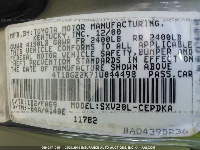 4T1BG22K71U044498 - 2001 TOYOTA CAMRY CE/LE/XLE 银色 照片 9