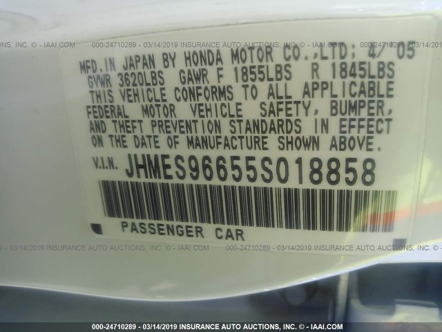 JHMES96655S018858 - 2005 HONDA CIVIC HYBRID WHITE photo 9