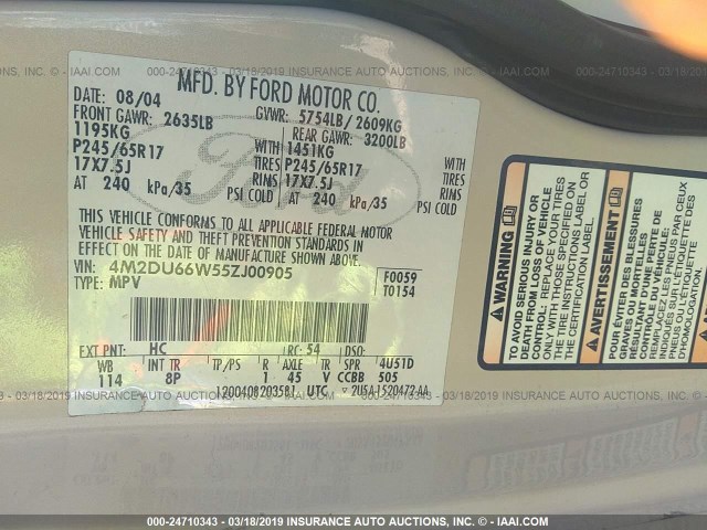 4M2DU66W55ZJ00905 - 2005 MERCURY MOUNTAINEER  CREAM photo 9