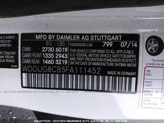 WDDUG8CB5FA111452 - 2015 MERCEDES-BENZ S 550 WHITE photo 9