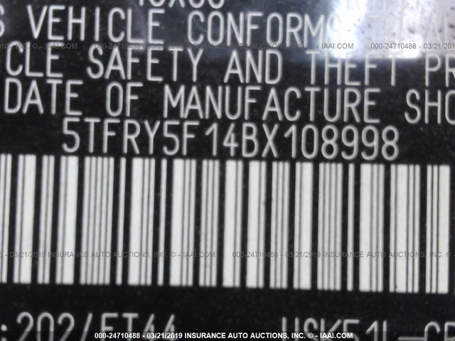 5TFRY5F14BX108998 - 2011 TOYOTA TUNDRA DOUBLE CAB SR5 BLACK photo 9