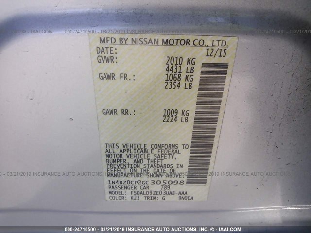 1N4BZ0CP2GC305098 - 2016 NISSAN LEAF SV/SL SILVER photo 9