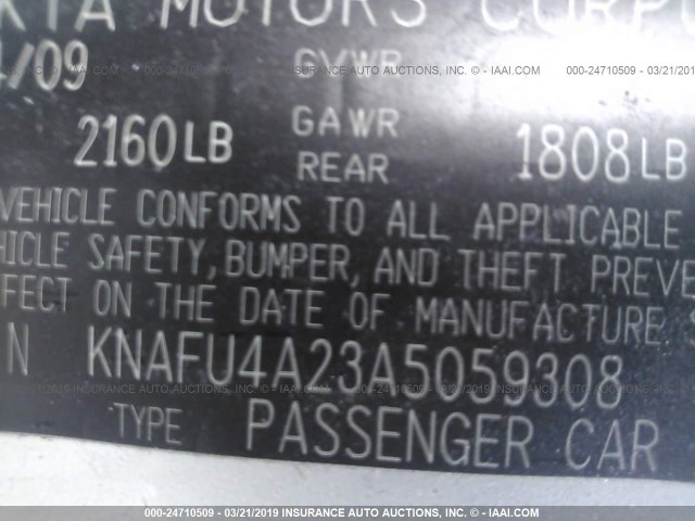 KNAFU4A23A5059308 - 2010 KIA FORTE EX SILVER photo 9