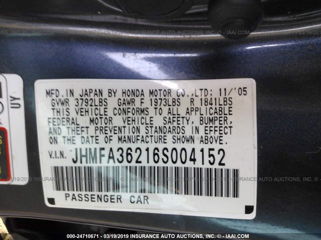 JHMFA36216S004152 - 2006 HONDA CIVIC HYBRID BLUE photo 9