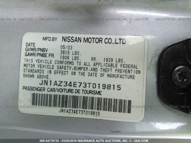 JN1AZ34E73T019815 - 2003 NISSAN 350Z COUPE SILVER photo 9