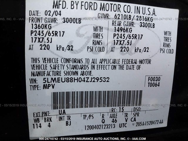 5LMEU88H04ZJ29532 - 2004 LINCOLN AVIATOR 黑色 照片 9