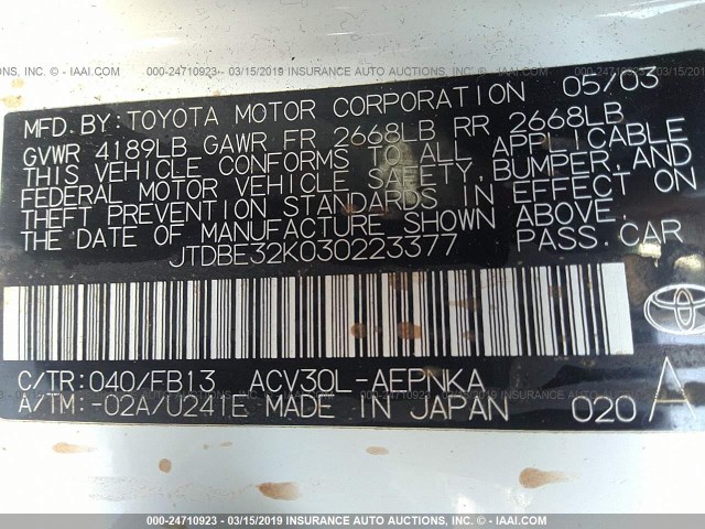 JTDBE32K030223377 - 2003 TOYOTA CAMRY LE/XLE 白色 照片 9
