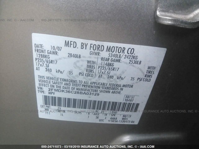 2FMDK36C28BA03129 - 2008 FORD EDGE SE GRAY photo 9