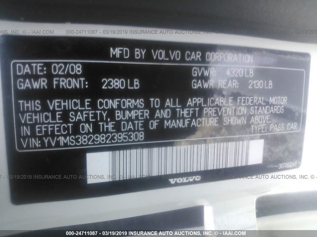 YV1MS382982395308 - 2008 VOLVO S40 2.4I WHITE photo 9