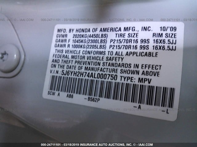 5J6YH2H74AL000750 - 2010 HONDA ELEMENT EX WHITE photo 9