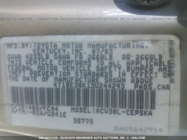 4T1BE30K13U244293 - 2003 TOYOTA CAMRY LE/XLE/SE GOLD photo 9