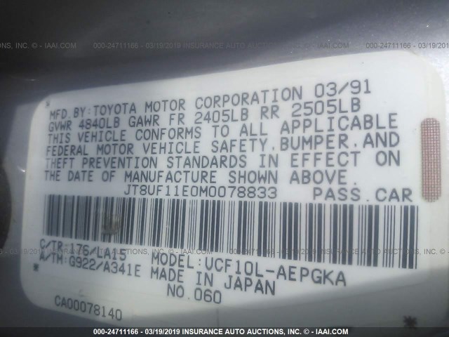 JT8UF11E0M0078833 - 1991 LEXUS LS 400 SILVER photo 9