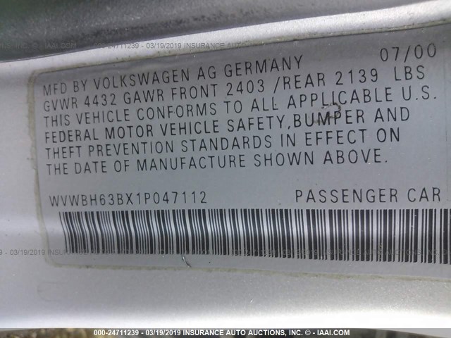 WVWBH63BX1P047112 - 2001 VOLKSWAGEN PASSAT GLX 银色 照片 9