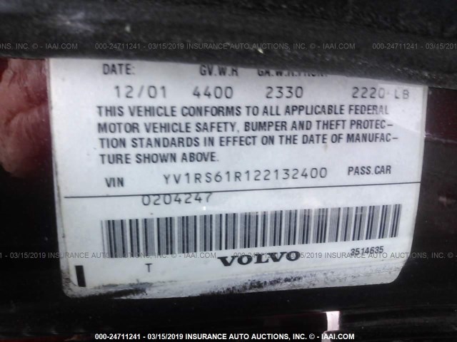 YV1RS61R122132400 - 2002 VOLVO S60 RED photo 9