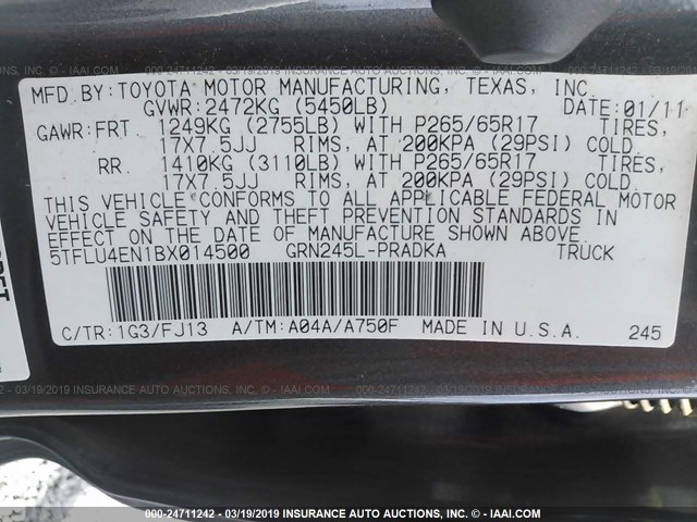 5TFLU4EN1BX014500 - 2011 TOYOTA TACOMA DOUBLE CAB 灰色 照片 9