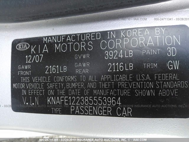 KNAFE122385553964 - 2008 KIA SPECTRA EX/LX/SX SILVER photo 9