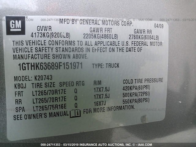 1GTHK63689F151971 - 2009 GMC SIERRA K2500 SLT GRAY photo 9