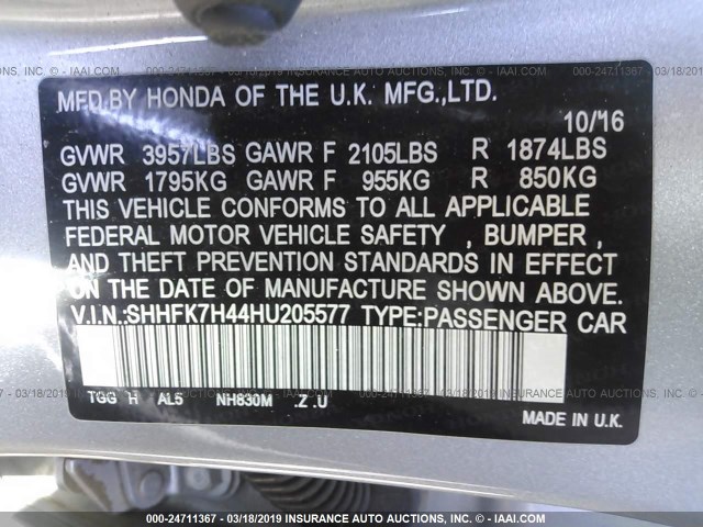 SHHFK7H44HU205577 - 2017 HONDA CIVIC SPORT Srebrny zdjęcie 9