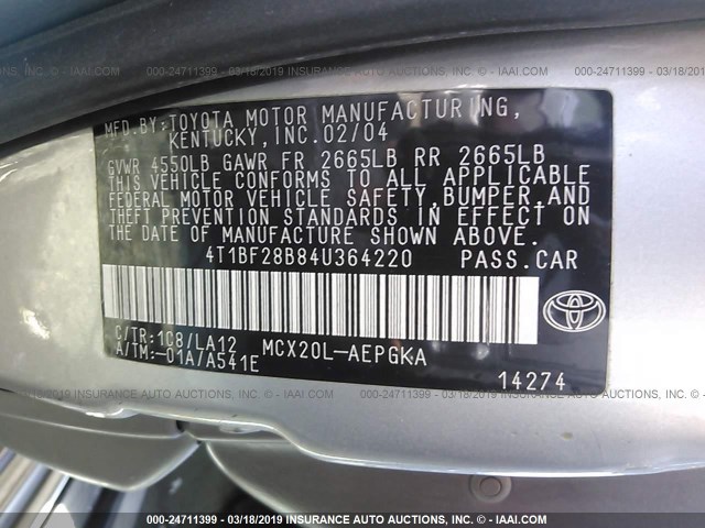 4T1BF28B84U364220 - 2004 TOYOTA AVALON XL/XLS SILVER photo 9