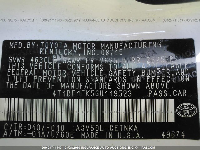 4T1BF1FK5GU119523 - 2016 TOYOTA CAMRY LE/XLE/SE/XSE WHITE photo 9