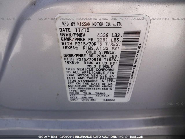 JN8AS5MT6BW165815 - 2011 NISSAN ROGUE S/SV/KROM SILVER photo 9