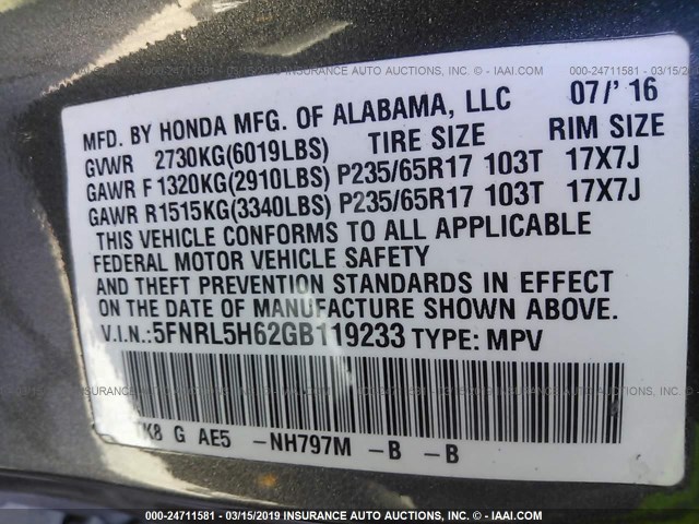 5FNRL5H62GB119233 - 2016 HONDA ODYSSEY EXL GRAY photo 9