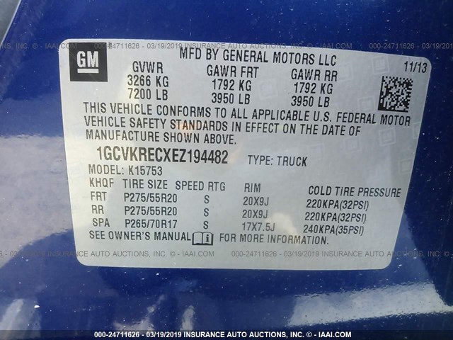 1GCVKRECXEZ194482 - 2014 CHEVROLET SILVERADO K1500 LT BLUE photo 9