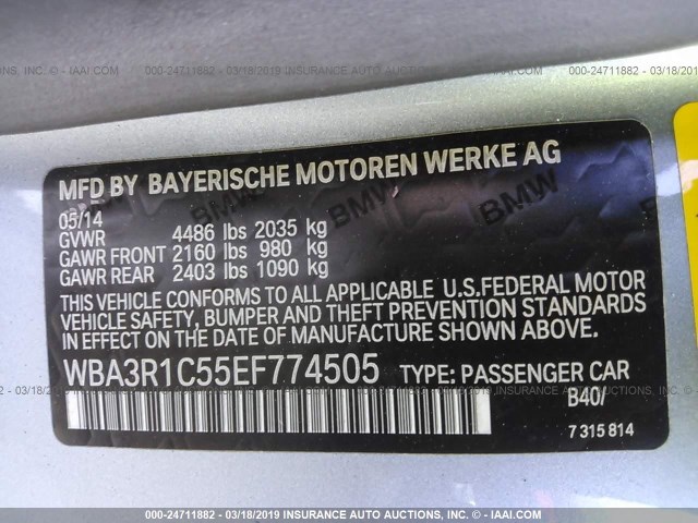 WBA3R1C55EF774505 - 2014 BMW 435 I BLUE photo 9