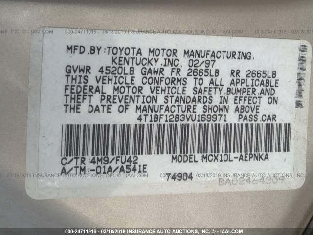 4T1BF12B3VU169971 - 1997 TOYOTA AVALON XL/XLS GOLD photo 9