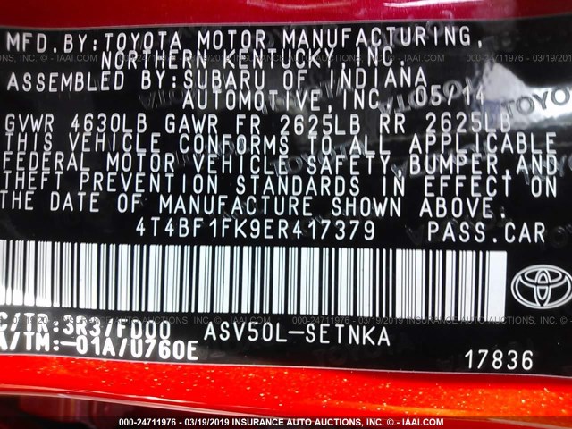 4T4BF1FK9ER417379 - 2014 TOYOTA CAMRY L/SE/LE/XLE 红色 照片 9