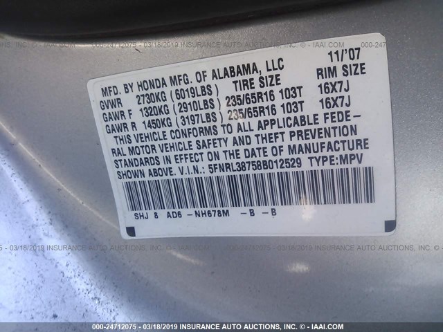 5FNRL38758B012529 - 2008 HONDA ODYSSEY EXL SILVER photo 9