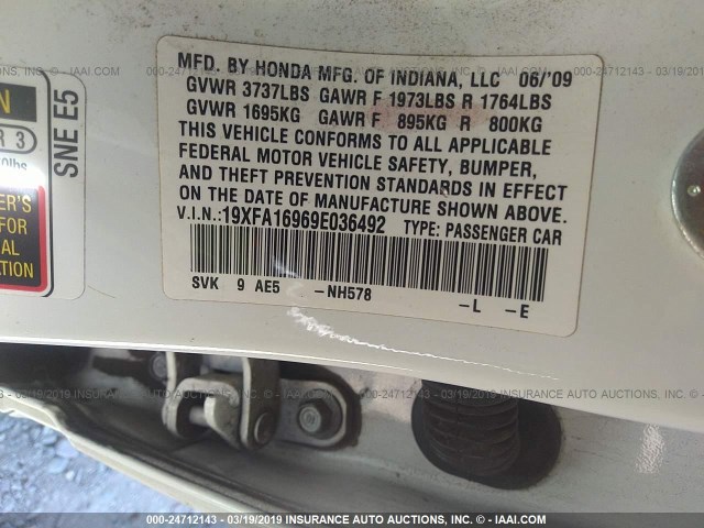 19XFA16969E036492 - 2009 HONDA CIVIC EXL WHITE photo 9