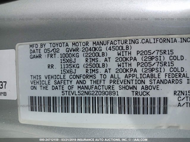 5TEVL52N62Z090891 - 2002 TOYOTA TACOMA XTRACAB SILVER photo 9