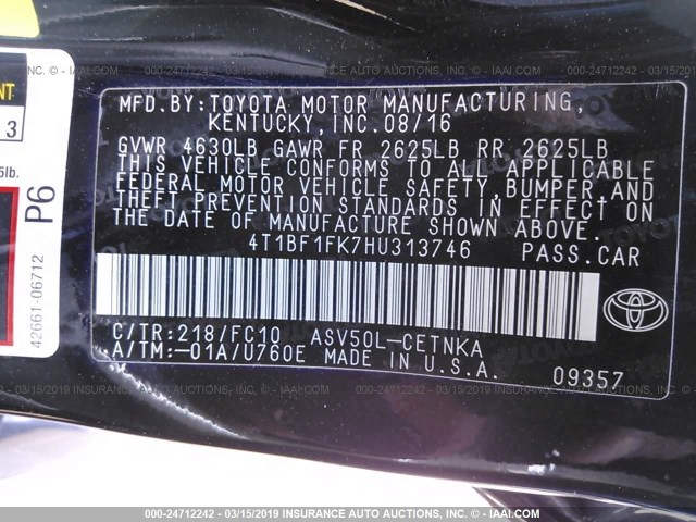 4T1BF1FK7HU313746 - 2017 TOYOTA CAMRY LE/XLE/SE/XSE BLACK photo 9
