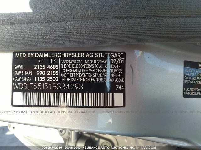 WDBJF65J51B334293 - 2001 MERCEDES-BENZ E 320 SILVER photo 9