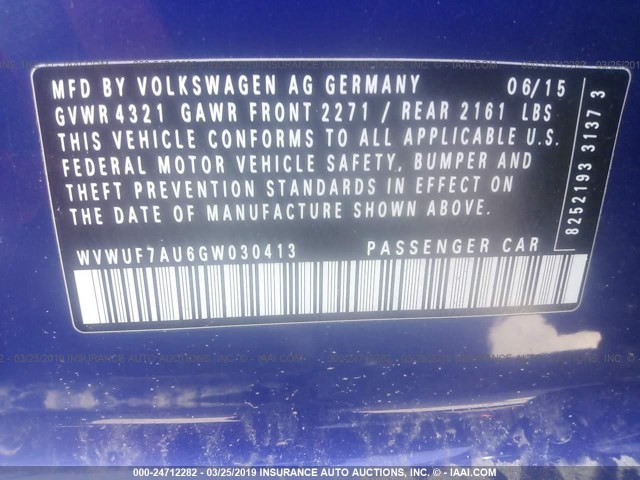 WVWUF7AU6GW030413 - 2016 VOLKSWAGEN GOLF R BLUE photo 9