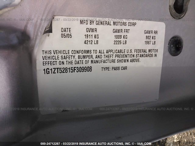 1G1ZT52815F309908 - 2005 CHEVROLET MALIBU LS SILVER photo 9
