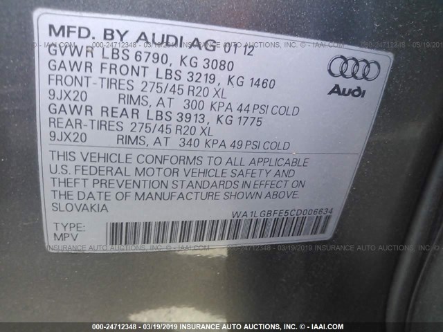 WA1LGBFE5CD006634 - 2012 AUDI Q7 PREMIUM PLUS GRAY photo 9