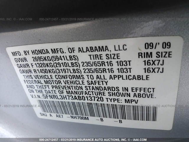 5FNRL3H73AB013720 - 2010 HONDA ODYSSEY EXL SILVER photo 9