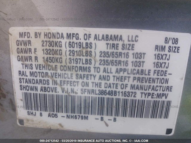 5FNRL38648B116372 - 2008 HONDA ODYSSEY EXL SILVER photo 9