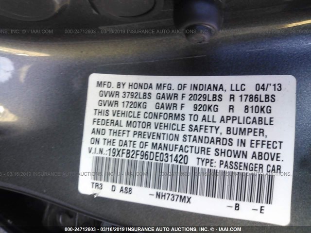 19XFB2F96DE031420 - 2013 HONDA CIVIC EXL GRAY photo 9