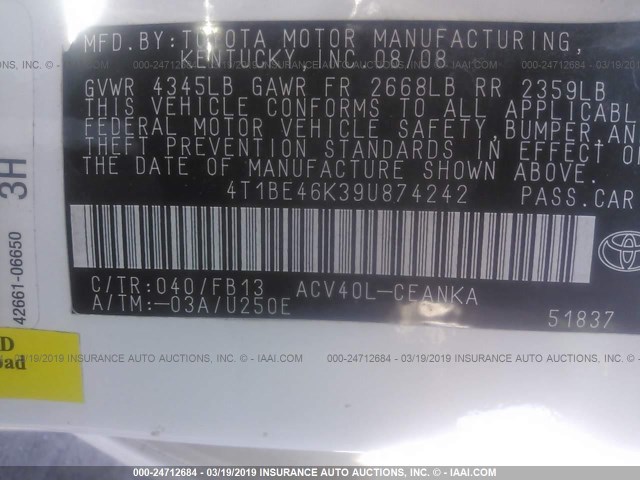 4T1BE46K39U874242 - 2009 TOYOTA CAMRY SE/LE/XLE WHITE photo 9